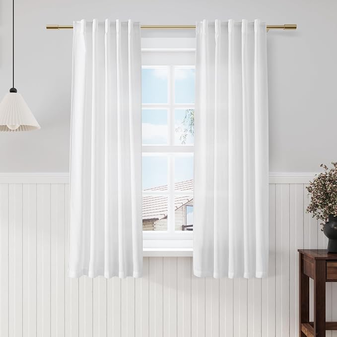 Nanspring White Linen Curtains for Living Room 60 inch Length Light Filtering Semi Sheer Curtains Back Tab and Rod Pocket Modern Farmhouse Curtain for Bedroom, 2 Panels 34 x 54 Inch
