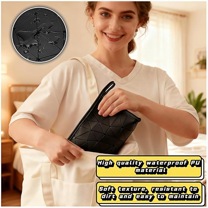 Btolin Geometric Pattern Cosmetic Storage Bag Leather Period Pouch for Women & Teens - Waterproof Small Makeup Bag | Portable Menstrual Pad/Tampon Holder | Black Travel Organizer