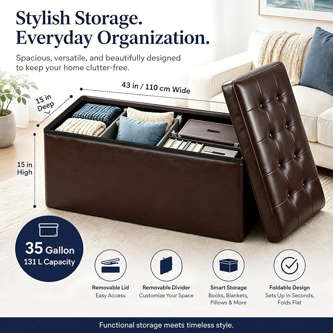 ALASDO 43 Inch Folding Storage Ottoman Bench with Hidden Storage, PU Leather Ottoman Foot Rest Stool, End of Bed Bench for Bedroom, Living Room, Entryway and Closet, Brown