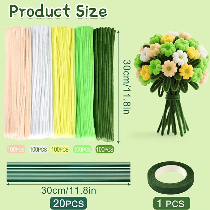 ASTARON 521 Pcs Pipe Cleaners Craft Set, 5 Colors Pipe Cleaners Bulk Pastel Chenille Stems for Craft Pipe Cleaner Flowers Making Kit with Floral Wires, Gardening Tape (Green Yellow Series)