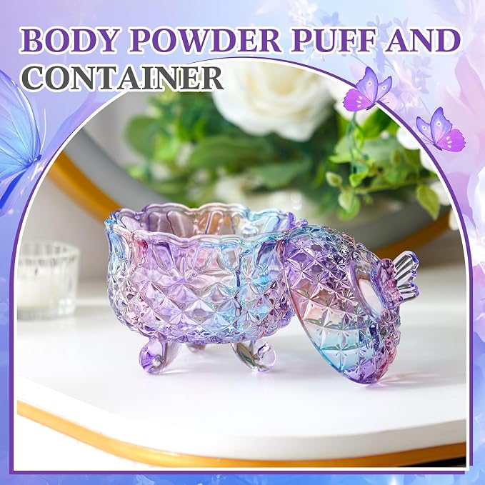 Tioncy 3 Pcs Large Body Powder Puff and Container Powder Container with Puff Crystal Case Soft Washable Reusable Velour Face Body Glitter Wet Dry Makeup Gift(Butterfly, Pastel)