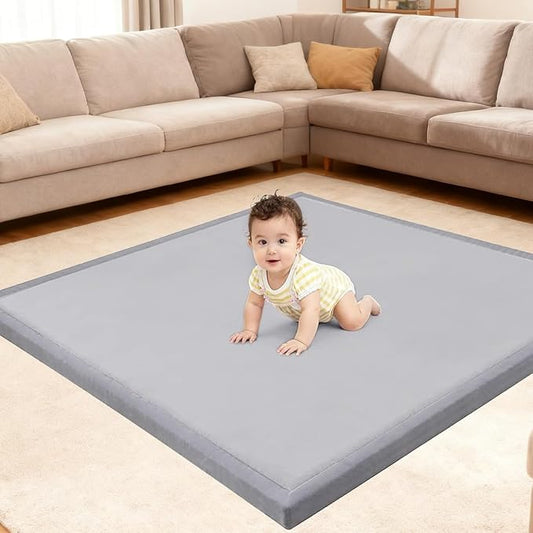 Ultra Soft Play Mat for Floor, 50"x50" Playpen Mat, 1.3" Thick Memory Foam, Non-Slip Tummy Time Mat for Infants, Toddlers, and Kids – Water-Repellent Coral Velvet, Easy Care