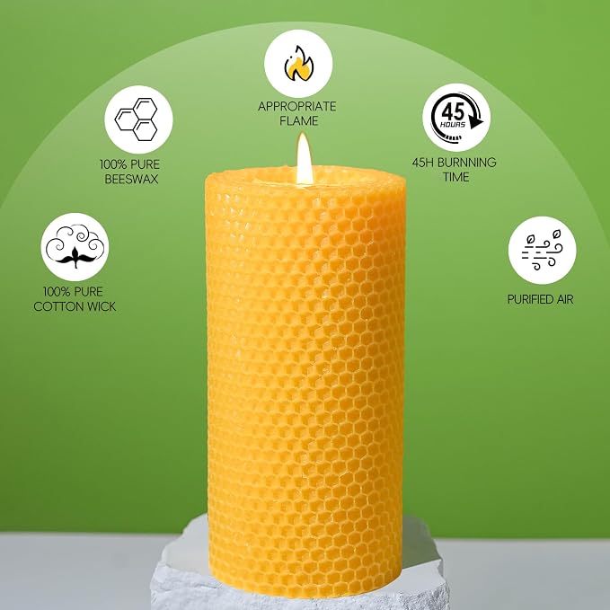 2 Pack Beeswax Pillar Candles, 90 Hours 2.8x6 Inch Hand-Rolled Large Beeswax Pillar Candles, Handcrafted Honeycomb Bees Wax for Home, Candle Lovers (2.8x6 in)
