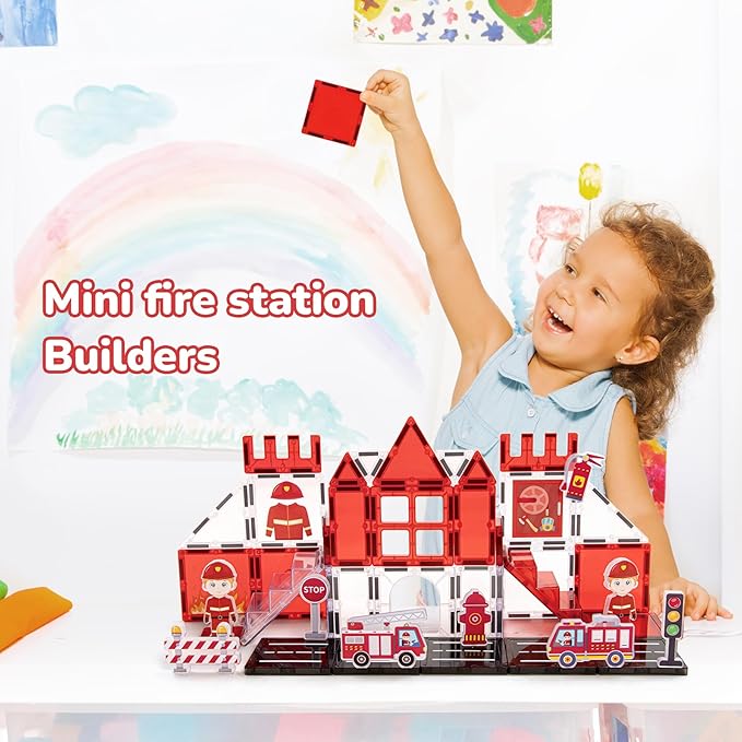 Fire Rescue Magnetic Tiles (48PCS), STEM Building Set with Fire Truck & Firefighter, Preschool Learning Building Set for Ages 3-8, Birthday Gift for Boys & Girls(Extinguisher, Helmet)