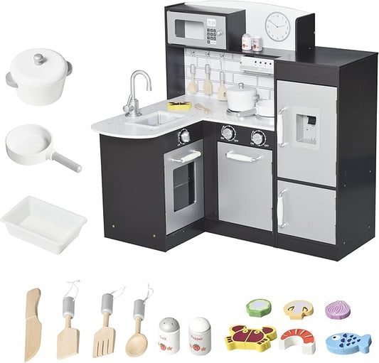 Qaba Corner Kids Kitchen Playset, Wooden Pretend Toy Kitchen Set with Drinking Fountain, Microwave, Fridge and Accessories, Pretend Play Kitchen for 3+ Years, Black