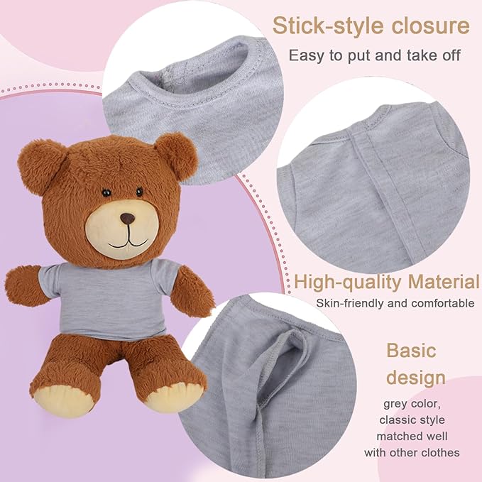 8 - Pack Gray Blank T - Shirts for 17 - 18 Inch Bears | Thick DIY Stuffed Animal Canvas Clothes (Gray)