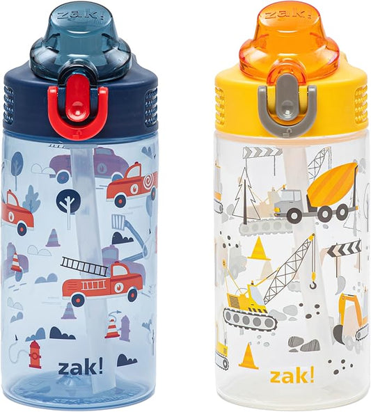 Zak Designs Sage Kids Water Bottle For School or Travel, 16oz Durable Plastic Water Bottle With Straw, Handle, and Leak-Proof, Pop-Up Spout Cover, 2-Pack Set (Construction and Rescue)