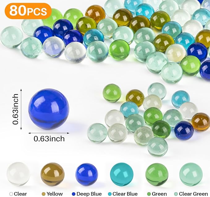 Sukh Glass Marbles - 80Pcs Bulk Cat Eye Stone Mix 6 Colors Medium Sized Beads Decorative Gift Retro Game with 16mm for Bounce,Marble Game,Vases,Party Decor
