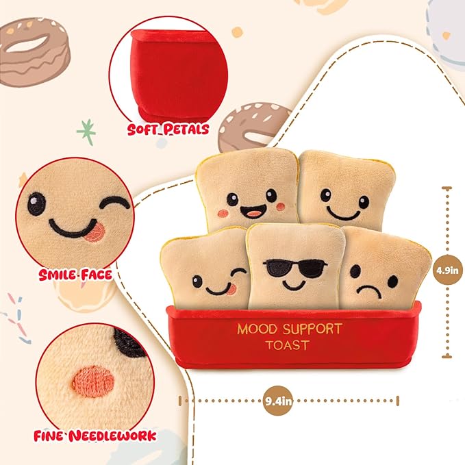 Mood Support Stuffed Animals Bread: 5 Emotional Soothing Plush Bread Slices in Basket | Squishy Stuffed Toy for Stress Relief | Cute Collectible Gifts for Adults | Unique Birthday Gift for Her