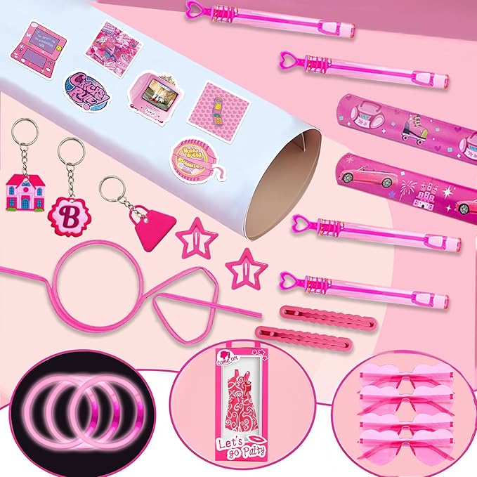 152pcs Pink Party Favors for People, Birthday Party Favors Kit Keychain Bracelet Bubble Stickers Straws Heart Sunglasses Little Skirt Hot Pink Princess Birthday Party Supplies