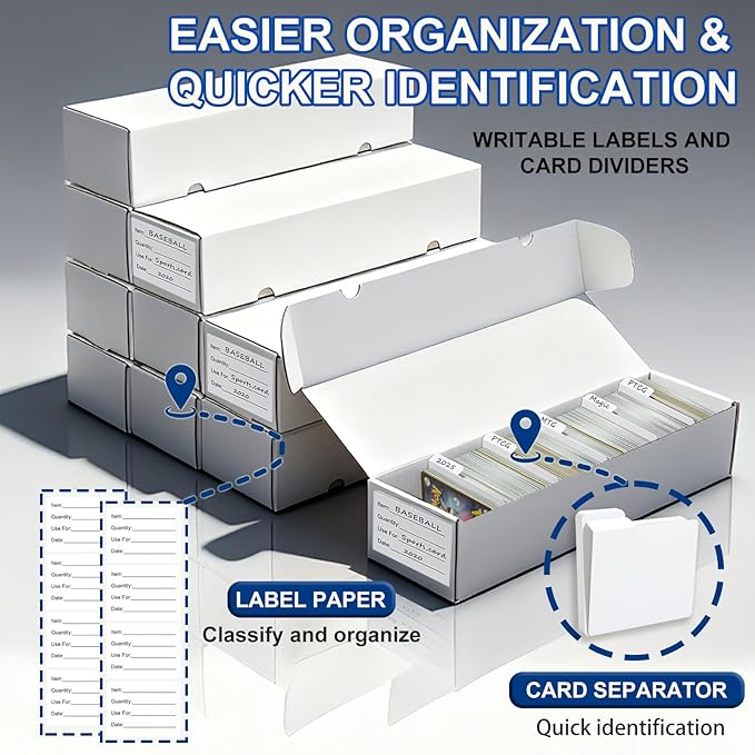 QINGUANG Trading Card Storage Box | 10 Pack • 1100 Count Bulk Card Storage Box | with Dividers | White Corrugated Cardboard Sport Card Organizer for Basketball Card/MTG/TCG/Magic Collection