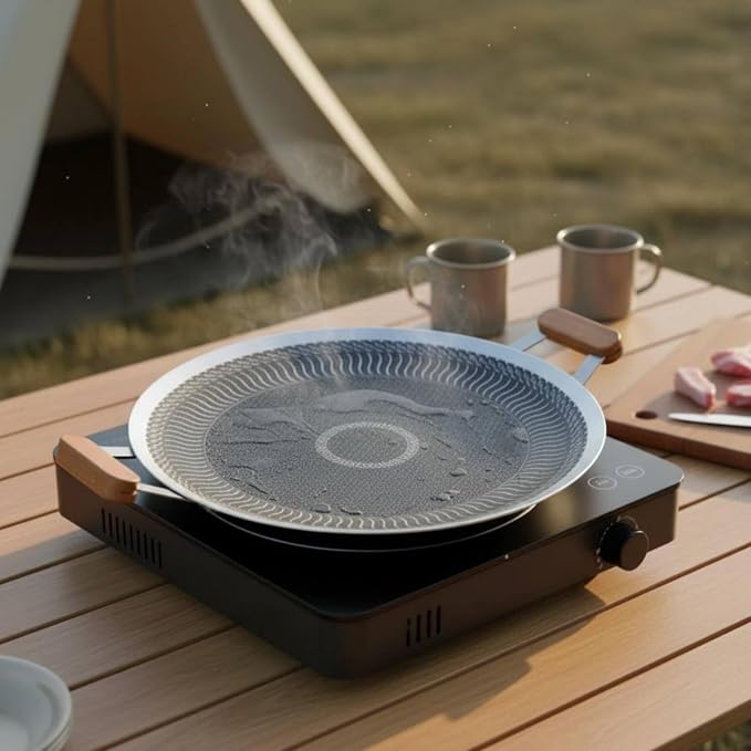 Korean Barbecue Pan Coating Round Stainless Steel Griddle Easy to Clean double Handle Grilling Pan for Camping, Outdoor, 38CM, Wood Handle