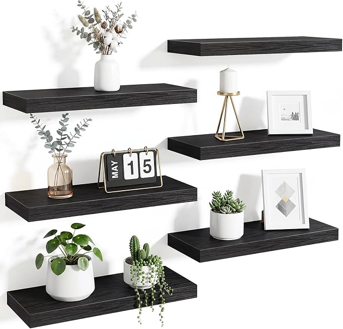 Fixwal Black Shelves, 15.7in Floating Shelves, Farmhouse Shelf Wall Decor for Bathroom, Bedroom, Living and Kitchen Set of 6