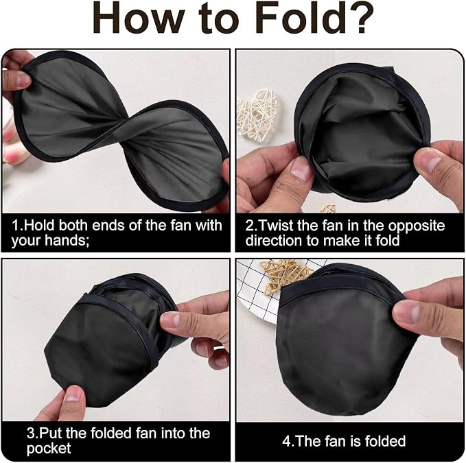 20PCS Foldable Flying Disc Fans with Bags, 9.8'' DIY Handheld Black Egde Fabric Folding Fan for Outdoor Game Activities Birthday Party Favors Gifts, Black