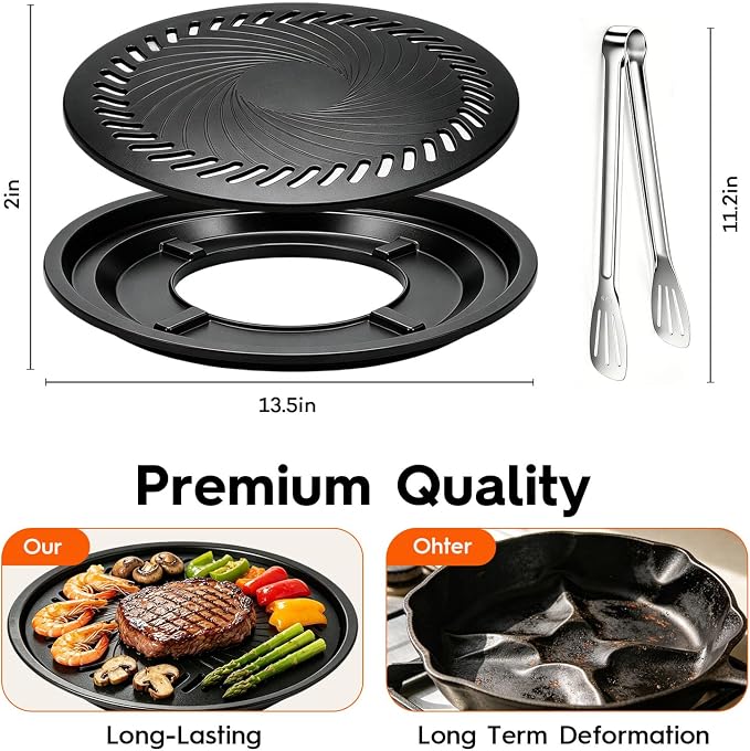 Korean BBQ Grill Pan, Nonstick 13.5" Round Indoor Grill Pan Smokeless Cast Aluminum Includes Food Tongs & Grill Plate Handle, Outdoor Camping Grilling, Picnic Cooking