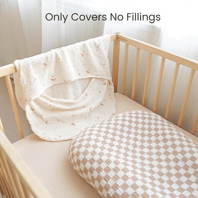Konssy Muslin Baby Lounger Cover 2 Pack, 100% Cotton Newborn Lounger Cover, Soft and Breathable Lounger Slipcover for Boys Girls, Covers Only (Coffee Check,Moon)