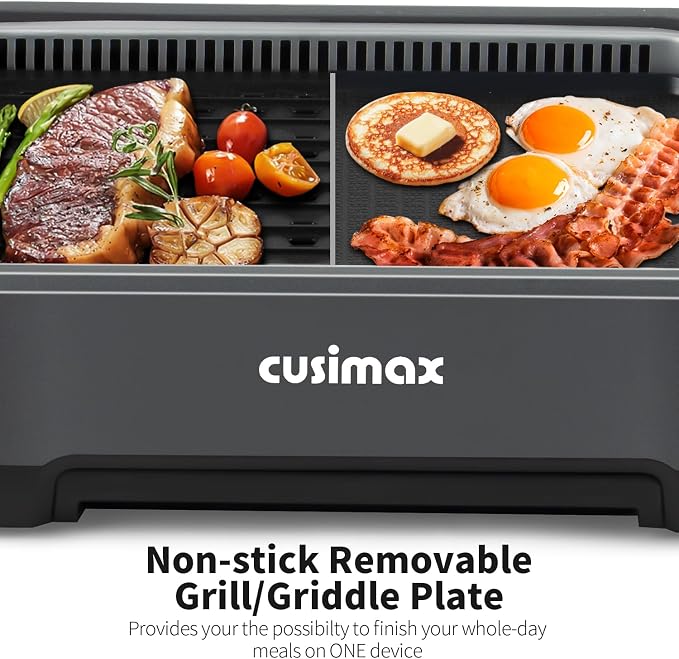 CUSIMAX Smokeless Grill, Electric Indoor Grill 1500W Korean BBQ Grill, Grey | with Non-stick Removable Grill/Griddle Plates, Smart LED Display & Adjustable Temperature/Tempered Glass Lid/Easy Cleanup