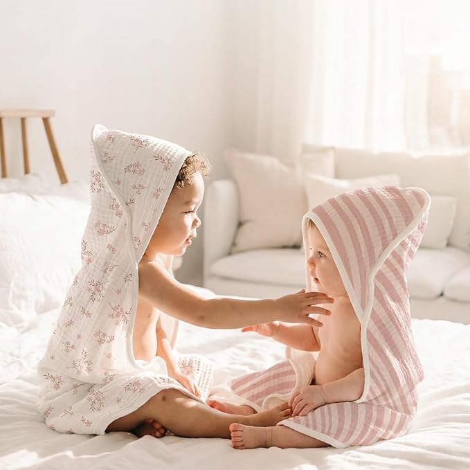 Konssy 2-Pack Muslin Hooded Baby Towels, 100% Cotton, Ultra-Soft & Absorbent Baby Bath Towels with Hood for Newborn & Infant (Pink, Stripe, 32" x 32")
