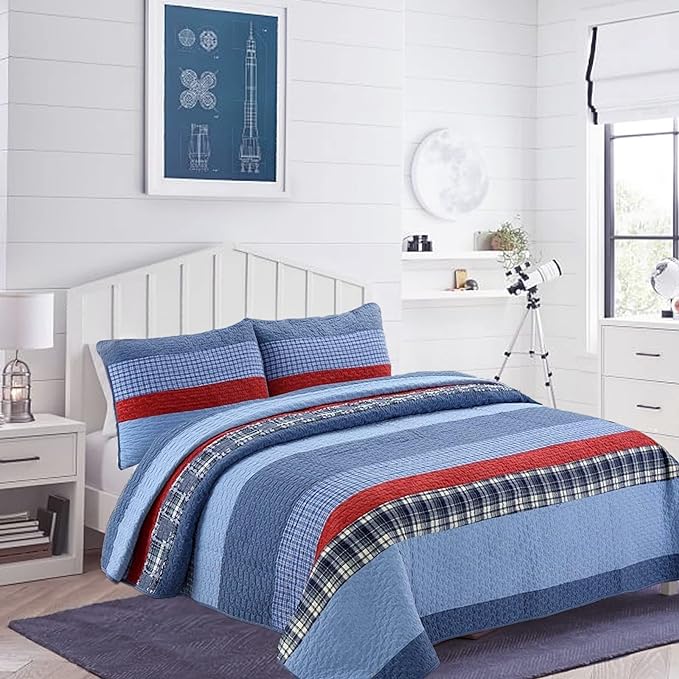 Cozy Line Home Fashions Sailor Navy Striped 100% Cotton Reversible Bedding Quilt Set, Coverlet Bedspread for Boys Kids (Navy/Red, Twin - 2 Piece)