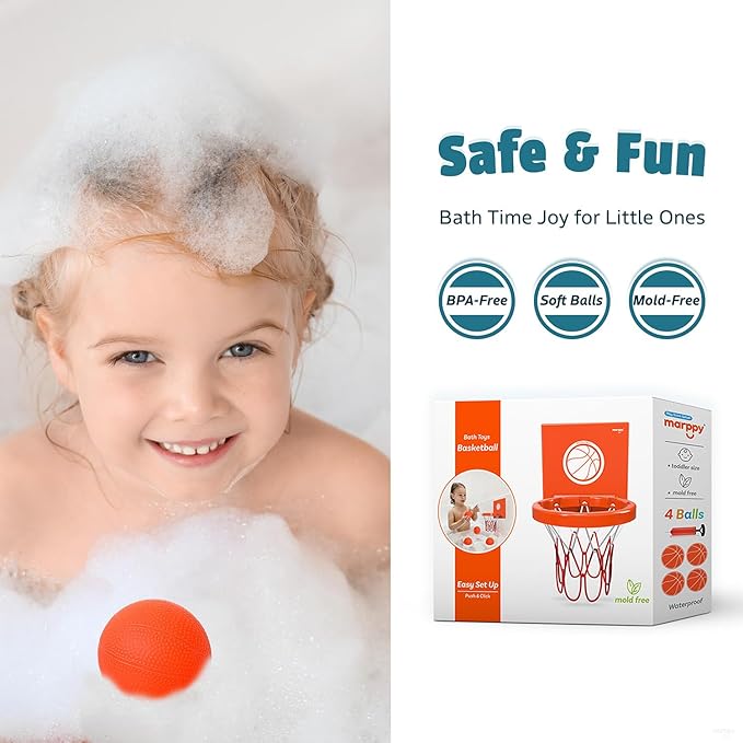 Bath Toys - Bathtub Basketball Hoop for Toddlers Kids | Suction Cups Baby Mini Basketball Hoop with 4 Soft Balls | Fun Bath Toy for Boys and Girls