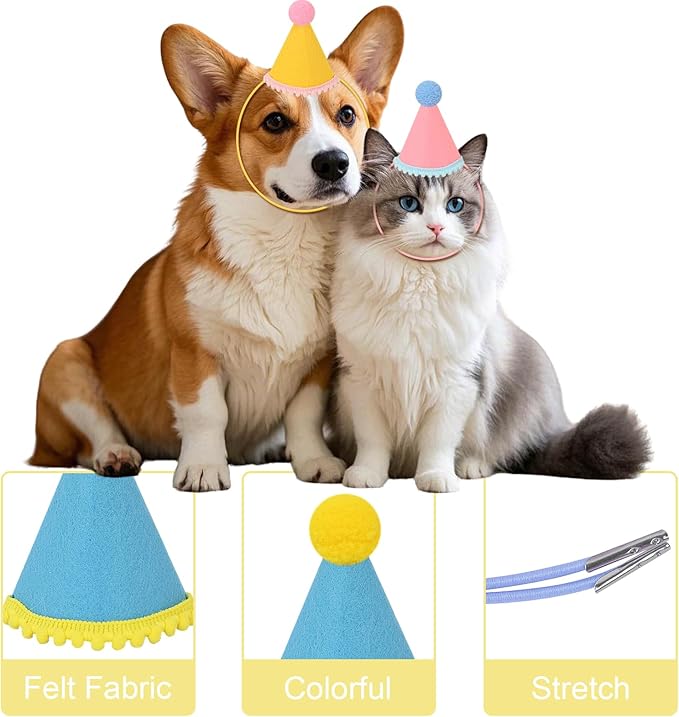12 Pack Mini Party Hats for Stuffed Animals, Birthday Party Cone Hats, Rainbow Themed Felt Hat for Dolls Dog Cat Rabbit Puppies Assorted Animal Birthday Decorations - No Assembly Required