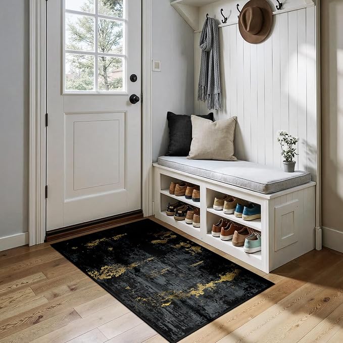 RELEANY Washable 2'x4' Abstract Area Rug for Living Room Black Gold | carpet for bedroom, kitchen, office, hallway and entryway, printed pattern, non-slip, soft, stain-resistant, easy to clean