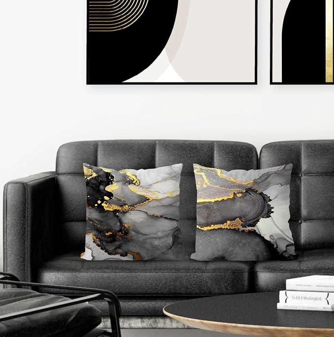 Black Grey and Gold Marble Texture Pillow Covers 22x22 Double-Sided, Abstract Modern Decorative Throw Pillow Covers for Living Room Bedroom, Modern Home Decor, Black and Gold Decor, Set of 2