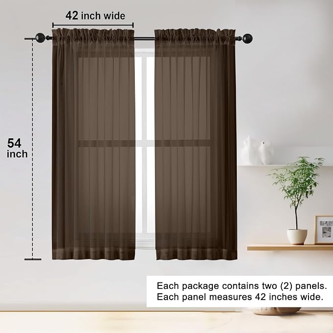 OWENIE Sheer Curtains 54 inches Long for Living Room Bedroom, Rod Pocket Light Filtering Voile Sheers Panels Drapes Small Window Treatments 2 Panels, 42" W x 54" L, Chocolate