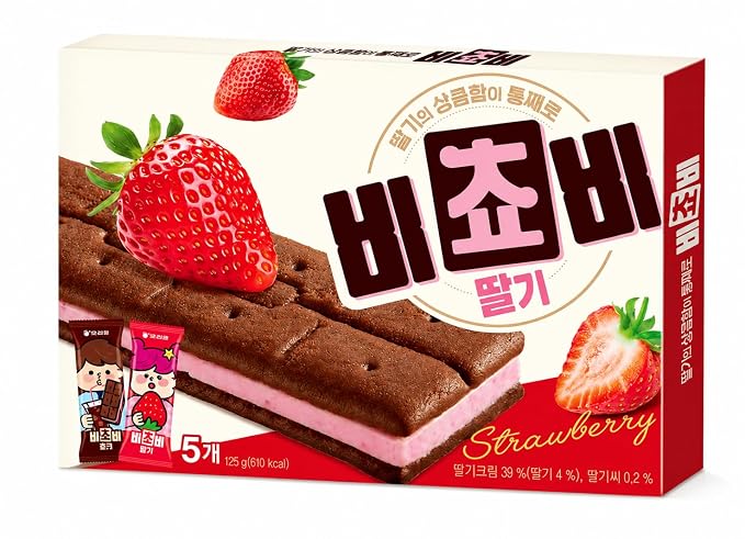 BICHOBI Strawberry Chocolate Biscuit Sandwich Cookies, 5 Packs, Korean Snack