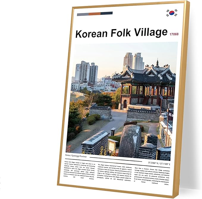 Poster Korean Folk Village Wall Art Original Design(17"x11" Metal Frame) Joseon Dynasty Architecture Print South Korea Travel Landmark Gyeonggi Cultural Heritage Ancient Palace Zen Scenery Picture