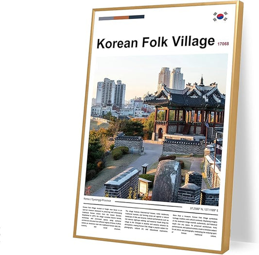 Poster Korean Folk Village Wall Art Original Design(17"x11" Golden Frame) Joseon Dynasty Architecture Print South Korea Travel Landmark Gyeonggi Cultural Heritage Ancient Palace Zen Scenery Picture