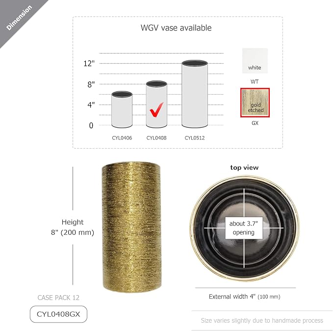 WGV Ceramic Cylinder Vase Bulk Width 4" Height 8" Elegant Unique Modern Matte Floral Container Planter Pot Centerpiece for Event Party Wedding Office Home Decor, Gold Textured 12 Pieces