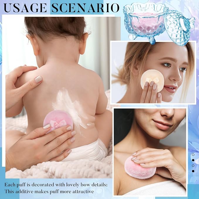 Tioncy 3 Pcs Large Body Powder Puff and Container Valentine's Day gift Powder Container with Puff Crystal Case Soft Washable Reusable Velour Face Body Glitter Wet Dry Makeup(Butterfly,Blue)