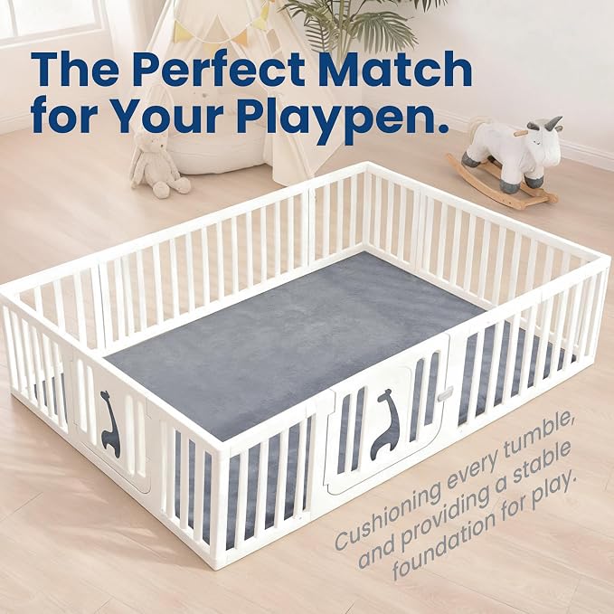 Huloo Sleep Baby Play Mat for Floor,1.3" Thick Elasti-Foam 74"×50" Playpen Mat, Non-Toxic Certified Water-Repellent Coral Velvet, Non-Slip Safe Crawling Mat for Tummy Time, Toddler & Infant (Dark Grey)