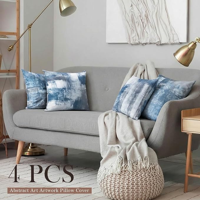 Set of 4 Blue and Grey Abstract Art Artwork Pillow Cover 20 x 20 Inch, Gallery Modern Decorative Throw Pillows Cushion Cover for Bedroom Sofa Living Room | Double-sided vibrant artwork accent cushion covers. Perfect decorative pillows for couch, sofa, ...