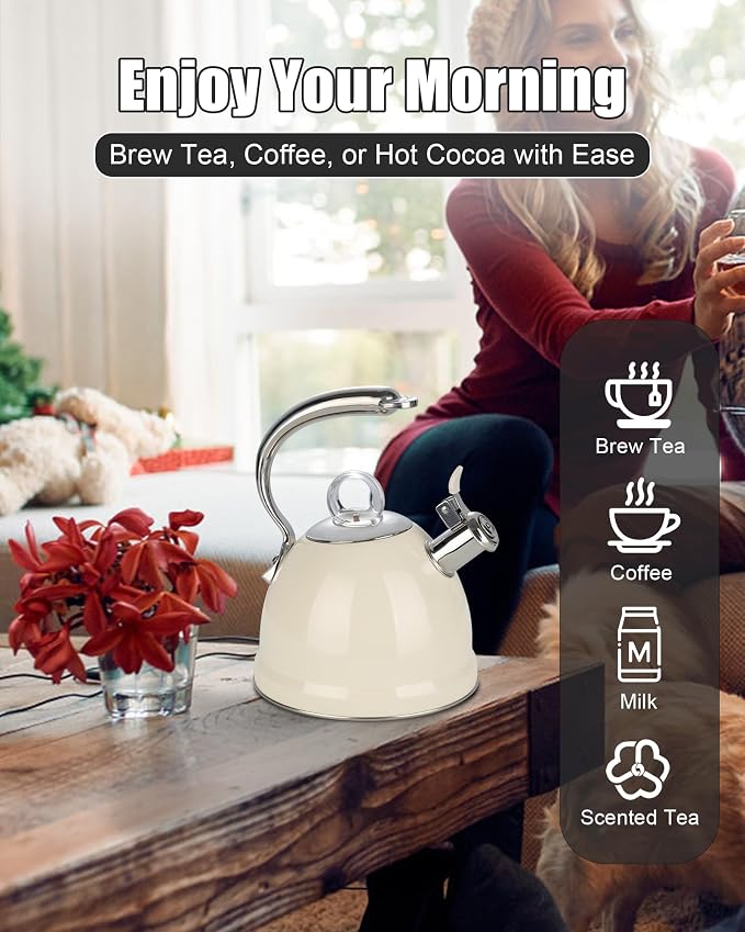 Harriet Tea Kettle Stovetop, 2.5 Quart Whistling Stainless Steel Tea Pot, 3-Layer Base, Unique Ergonomic Handle, Includes Pot Holder & Mat, Electric/Induction/Gas Stovetops Applicable, Beige White