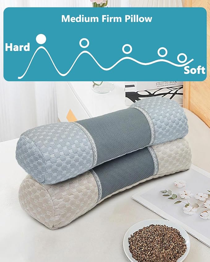 Buckwheat Cervical Pillow for Sleeping, Adjustable Roll Pillow for Neck Relief with Washable Pillowcase, Round Cylinder Bolster for Firm Support, 16.5x4.7 inch (Grey)