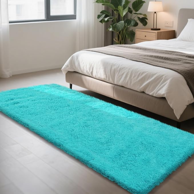 Teal Blue Rug Fluffy Rugs, 3x7 Teal Area Rugs for Bedroom, Soft Play Mat, Indoor Floor Carpet for Teen, Preppy Dorm, Plush Aesthetic Bedside Rug