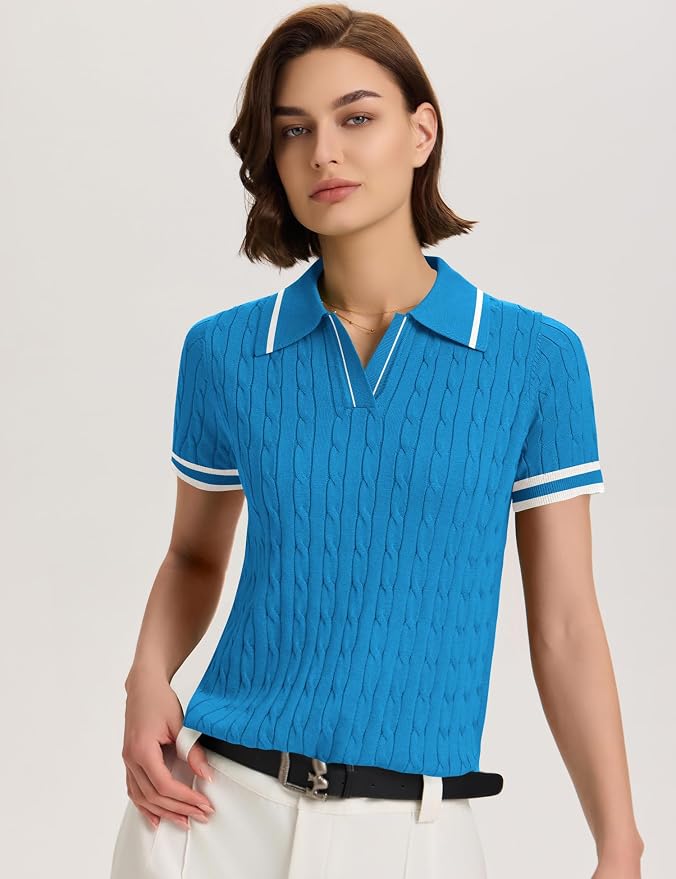 Micoson Womens Short Sleeve Sweater Tops Lapel V Neck Polo Shirts 2026 | Summer Cable Knit Loose Blouses, Business Casual Outfits