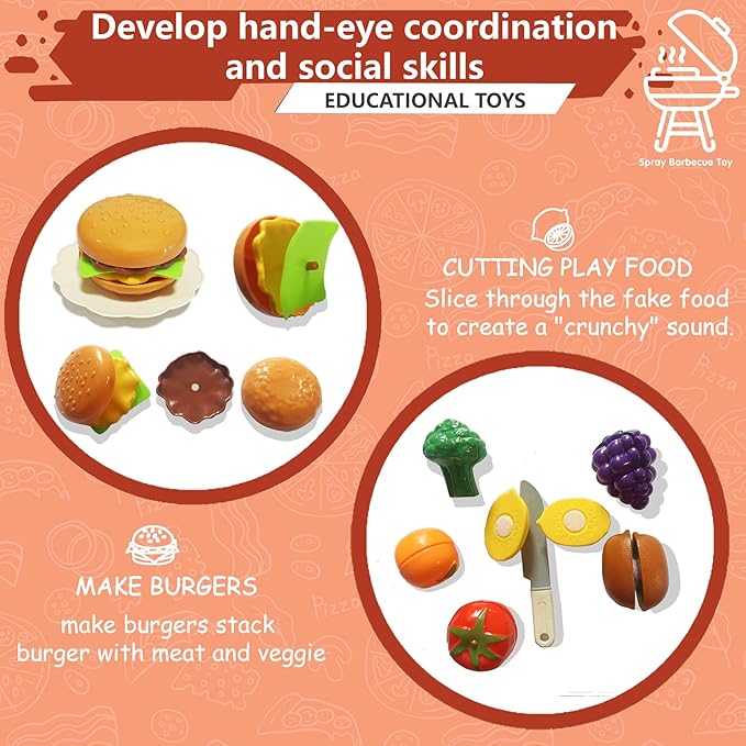 Kitchen Toy Set, Kids Grill Playset with Play Sink, Indoor Outdoor Interactive BBQ Grill Play with Smoke, Sound & Light, Pretend Cutting Food for Toddlers, Christmas Birthday Gift for Boys and Girls
