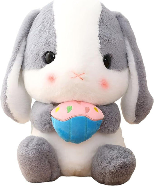 HOUPU Soft Toy - Sitting Lop Eared Rabbit, Easter White Rabbit Stuffed Bunny Animal with Carrot Soft Lovely Realistic Long-Eared Standing Pink Plush Toys (Ash White-Cake,8.6in/22cm)
