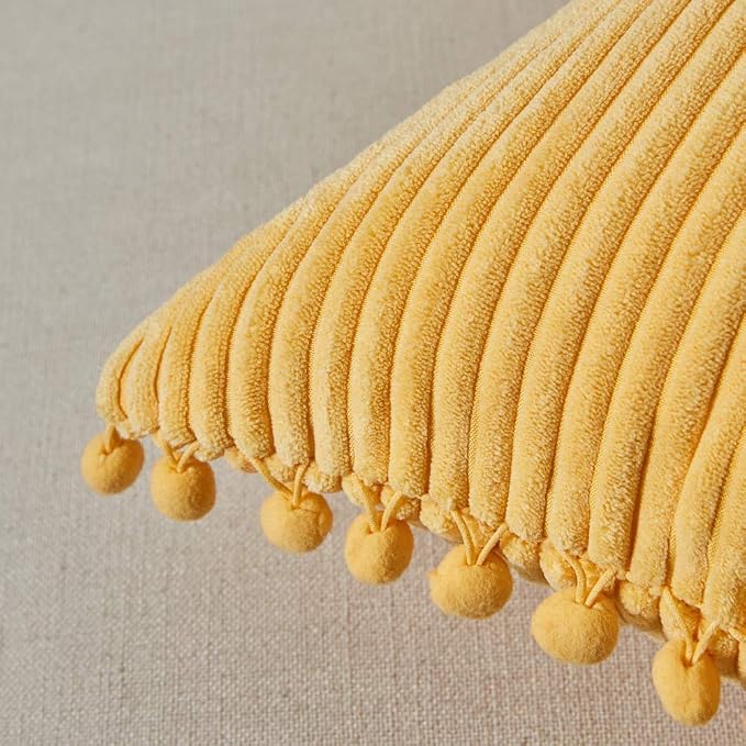 Fancy Homi Pack of 2 Yellow Decorative Throw Pillow Covers 20x20 with Pom-poms, Soft Corduroy Accent Solid Square Cushion Cases Set for Couch Sofa Bedroom Car Living Room (20x20 Inch/50x50 cm, Yellow)