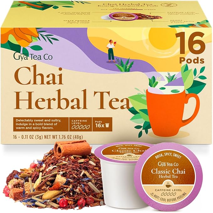 Gya Tea Co Chai Herbal Tea Pod (16 Count)- Decaf Wellness Tea for Body Comfort & Relaxing