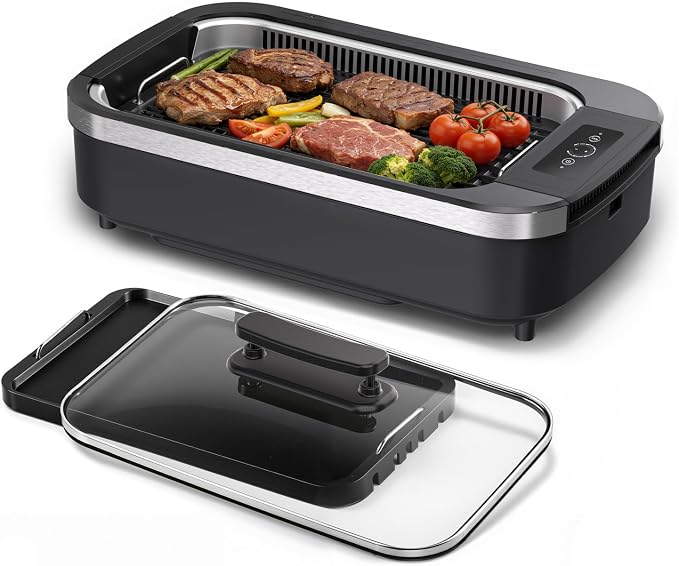 Smokeless Indoor Grill, COWSAR 1500W Electric Grill Indoor with Drip Tray & Tempered Glass Lid, Portable Non-Stick Korean BBQ Grill, 6-Level Control, 90 Min Auto Timer, Dishwasher Safe, Black