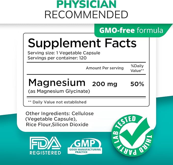 Balancebreens Magnesium Glycinate 200mg - Magnesium Bisglycinate Chelated Supplements for High Absorption - Non GMO and Gluten Free Gentle on Stomach for Restful Sleep and Muscle Support, 120 Count