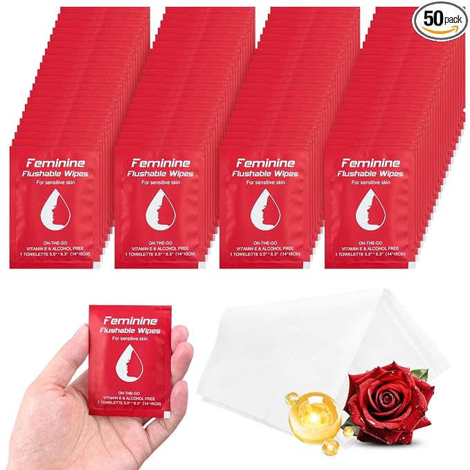 twoworld 50 Feminine Wipes Flushable Travel Individually Wrapped | Travel Wipes for Women,Feminine Care Wet Wipes Travel Size Vaginal Wipes for Adult,Girl and Homeless(Rose)