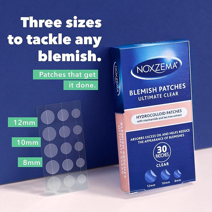 Noxzema Blemish Patches, Ultimate Clear – Hydrocolloid Acne Treatment for Face with Niacinamide and Tea Tree Oil, 30 Patches/Box (90 Total)
