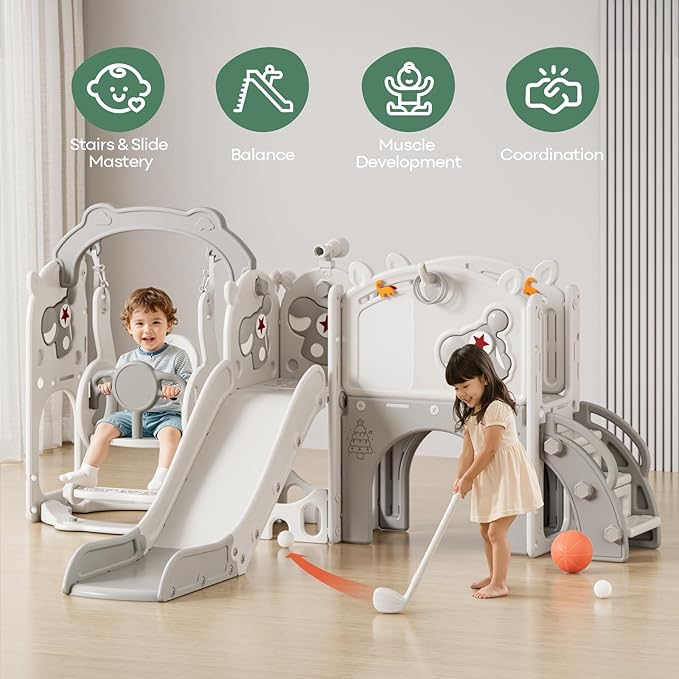 Mloong 11 in 1 Toddler Slide and Swing Set, Kids Slide for Toddlers 1-3 Years Old Baby, Indoor Outdoor with Basketball Hoop Drawing Golf for Kids Easy Assembly(Beige & Gray)(82×67×41in)