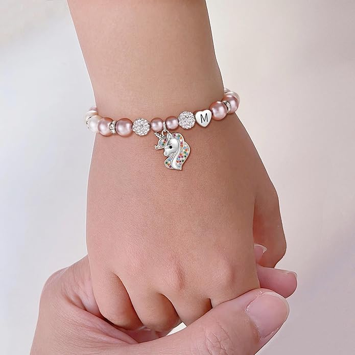 C-leen Unicorn Bracelet Gifts for Teens, Adjustable Pink Pearl and Rhinestone Balls Heart Initial Unicorn Bracelets Jewelry Gift for Birthday Christmas gifts