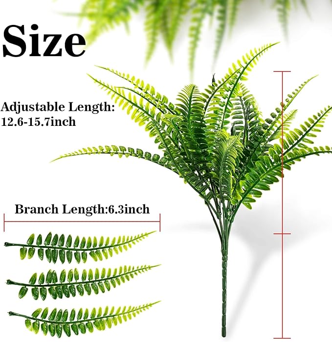 MAQIHAN 10PCS Fake Fern for Outdoor - Artificial Boston Fern Stems Decor | Realistic Fake Greenery for Large Planters, Vase, Porch, Patio, Garden Decor, Faux Plants for Indoor, Outdoor Home Decoration
